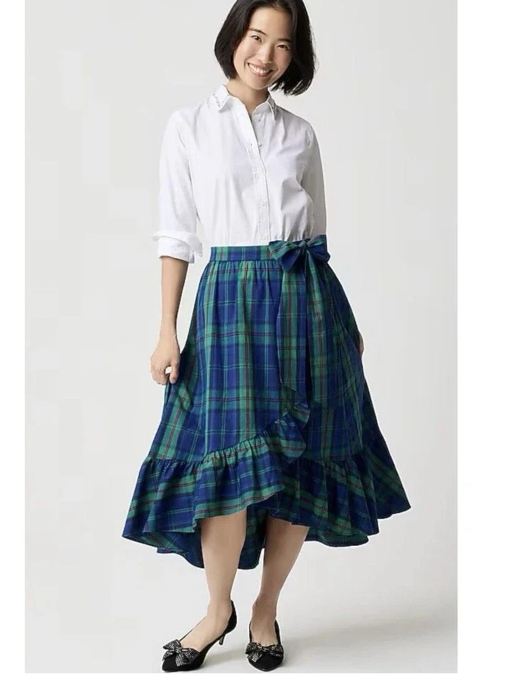 JCREW Tartan Ruffled Midi Skirt with Waist Tie - Blue/Green